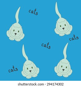 Blue vector seamless pattern with cute cats