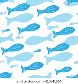 Blue Vector Seamless pattern with fish silhouettes. Endless background