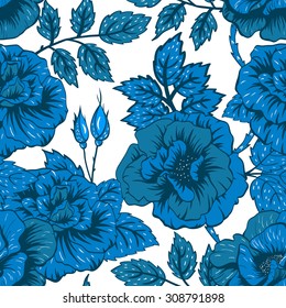 Blue vector seamless pattern with flowers roses, leaves
