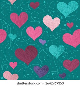 Blue Vector seamless pattern of hearts. Abstract background of hearts for Valentine's Day. Vector background for fabric, textile, wallpaper, posters, gift wrapping paper