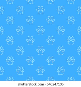 Blue vector seamless pattern made with dog or cat outline footprint