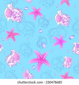 blue vector seamless pattern of sea  - shell, stones and sea stars