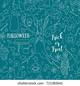 Blue vector seamless pattern with traditional Halloween symbols. Flat style.