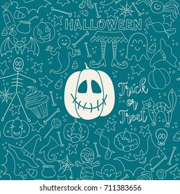 Blue vector seamless pattern with traditional Halloween symbols. Flat style.