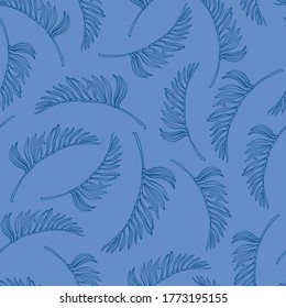 Blue vector seamless pattern with tropic leaves. Background for print fabric textile, wallpaper and design clothes.