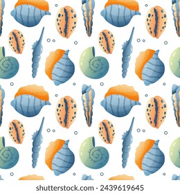 Blue vector seashells on white background seamless pattern. Vector illustration