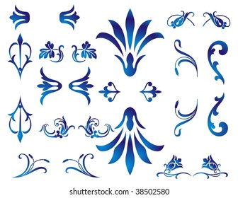 Blue vector set of floral elements