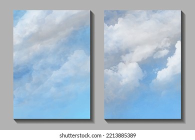 Blue vector set watercolor art background with white clouds and blue sky. Hand drawn vector texture. Heaven. Watercolour banner. Abstract template for flyers, cards, poster, cover or design interior.