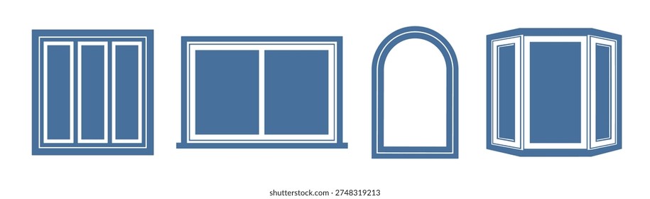 Blue vector shapes depict diverse window designs: a multi-pane window, a sliding window
