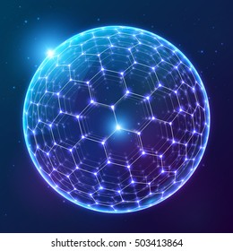 Blue vector shining sphere with hexagonal surface on dark cosmic background