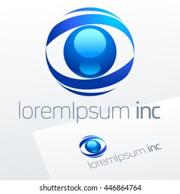 Blue vector sign in sphere shape. Logo for Business, Technology and Corporation.
