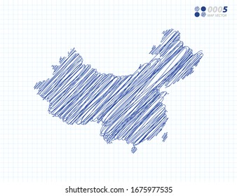 Blue vector silhouette chaotic hand drawn scribble sketch of China map on grid background.