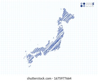 Blaue Vektorillustration Silhouette chaotische handgezeichnete Skizze von Japan Karte auf Gitterhintergrund.