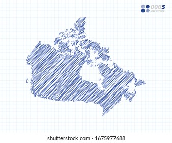 Blue vector silhouette chaotic hand drawn scribble sketch of Canada map on grid background.