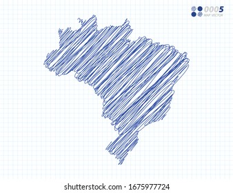 Silueta azul vectorial chaótico dibujo a mano garabatos del mapa de Brasil sobre el fondo de la cuadrícula.