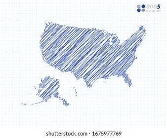 Blue vector silhouette chaotic hand drawn scribble sketch of United States of America (USA) map on grid background.