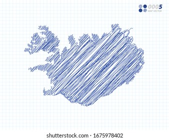 Blue vector silhouette chaotic hand drawn scribble sketch of Iceland map on grid background.