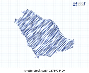 Blue vector silhouette chaotic hand drawn scribble sketch of Saudi Arabia map on grid background.