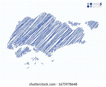 Blue vector silhouette chaotic hand drawn scribble sketch of Singapore map on grid background.
