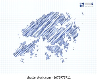 Blue vector silhouette chaotic hand drawn scribble sketch of Hong Kong map on grid background.