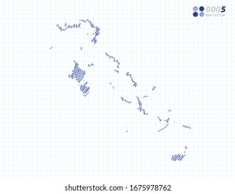 Silueta vectorial azul chaótico dibujo a mano garabatos del mapa de Bahamas sobre el fondo de la cuadrícula.