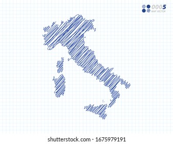 Blue vector silhouette chaotic hand drawn scribble sketch of Italy map on grid background.