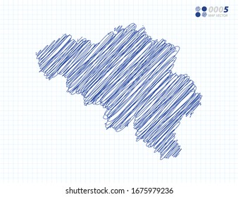 Silueta vectorial azul chaótica dibujo a mano dibujado en el dibujo de Bélgica mapa sobre el fondo de la cuadrícula.
