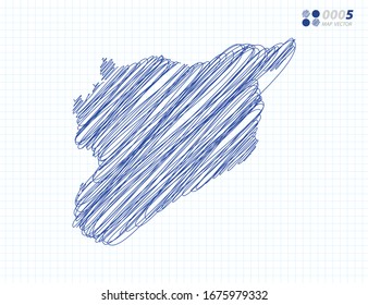 Blaue Vektorillustration Silhouette chaotische handgezeichnete Skizze von Syrien Karte auf Gitterhintergrund.