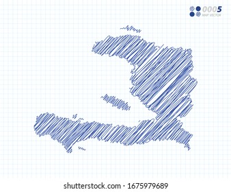 Blaue Vektorillustration Silhouette chaotische handgezeichnete Skizze von Haiti Karte auf Gitterhintergrund.