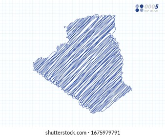 Blue vector silhouette chaotic hand drawn scribble sketch of Algeria map on grid background.