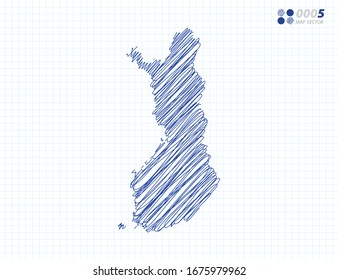 Blaue Vektorillustration Silhouette chaotische handgezeichnete Skizze von Finnland Karte auf Gitterhintergrund.