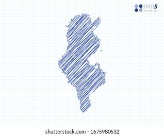 Silueta azul vectorial chaótico dibujo a mano garabatos del mapa de Túnez sobre el fondo de la cuadrícula.