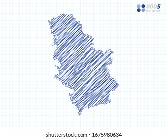Blue vector silhouette chaotic hand drawn scribble sketch of Serbia map on grid background.