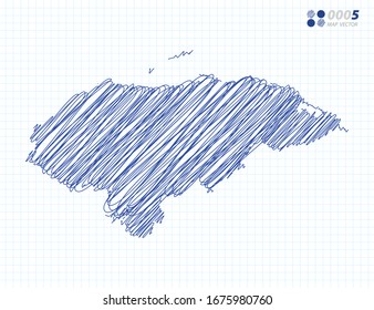 Silueta azul vectorial chaótico dibujo a mano garabatos del mapa de Honduras sobre el fondo de la cuadrícula.