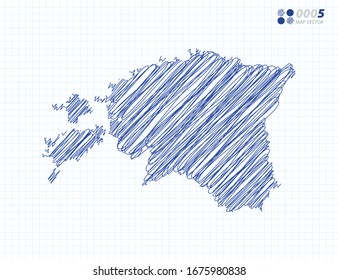 Blue vector silhouette chaotic hand drawn scribble sketch of Estonia map on grid background.