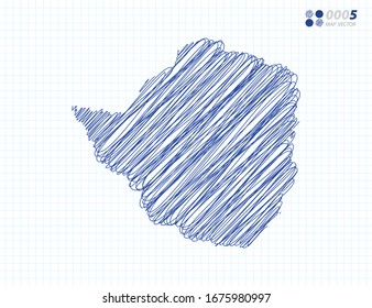 Blue vector silhouette chaotic hand drawn scribble sketch of Zimbabwe map on grid background.
