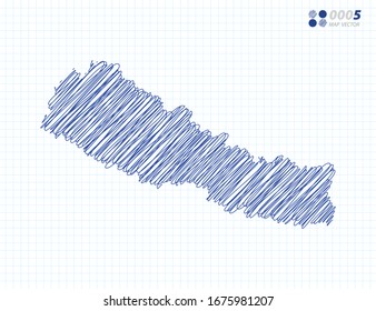 Silueta azul vectorial chaótico dibujo a mano garabatos del mapa de Nepal sobre el fondo de la cuadrícula.