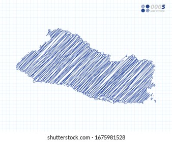 Blue vector silhouette chaotic hand drawn scribble sketch of El Salvador map on grid background.