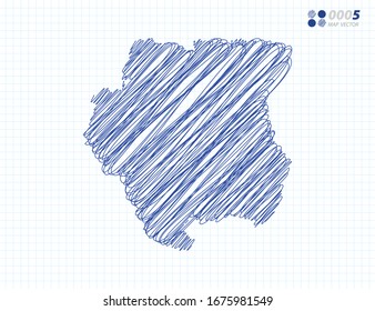 Blue vector silhouette chaotic hand drawn scribble sketch of Suriname map on grid background.