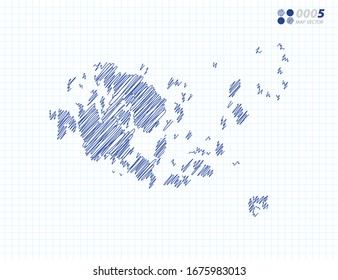 Blue vector silhouette chaotic hand drawn scribble sketch of Aland Islands map on grid background.