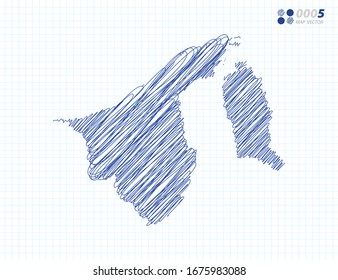 Silueta vectorial azul chaótico garabato dibujado a mano del mapa de Brunei sobre el fondo de la cuadrícula.