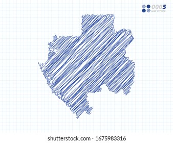 Blue vector silhouette chaotic hand drawn scribble sketch of Gabon map on grid background.