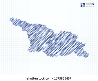 Blue vector silhouette chaotic hand drawn scribble sketch of Georgia map on grid background.