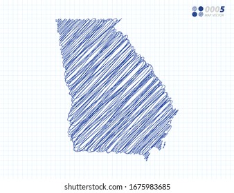 Blue vector silhouette chaotic hand drawn scribble sketch of Georgia (USA) map on grid background.
