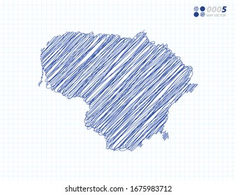 Blue vector silhouette chaotic hand drawn scribble sketch of Lithuania map on grid background.