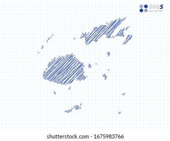 Blue vector silhouette chaotic hand drawn scribble sketch of Fiji map on grid background.