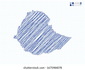 Blue vector silhouette chaotic hand drawn scribble sketch of Ethiopia map on grid background.