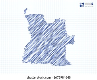 Blue vector silhouette chaotic hand drawn scribble sketch of Angola map on grid background.