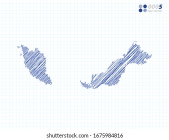 Blue vector silhouette chaotic hand drawn scribble sketch of Malaysia map on grid background.