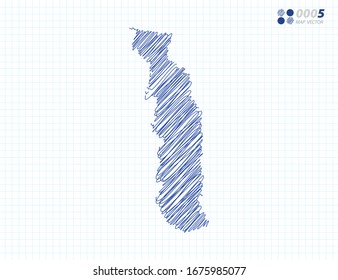 Silueta azul vectorial chaótico dibujo a mano garabatos del mapa de Togo sobre el fondo de la cuadrícula.